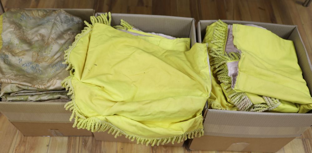 Three yellow fabric curtains with pelmets, a silk and metal thread brocade panel and a wool hanging
